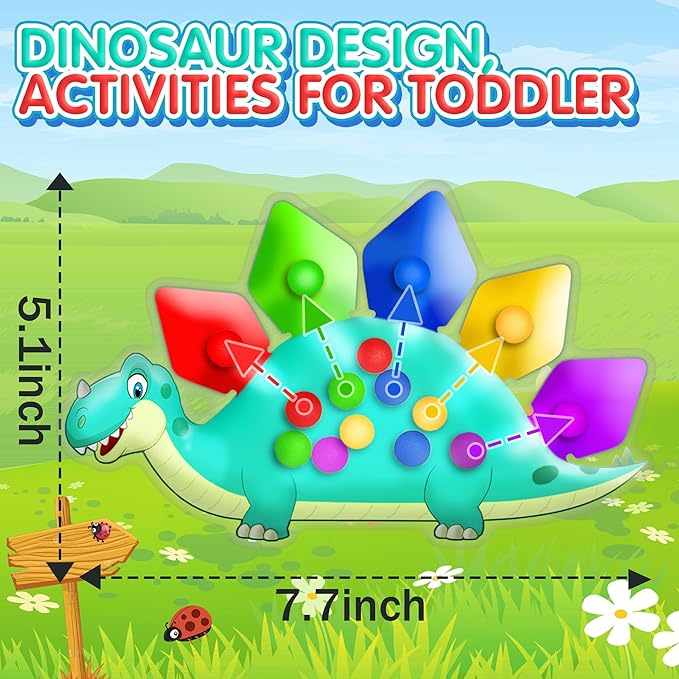 Dinosaur Color Sorting Sensory Toy Roadtrip Travel Essenstial for Toddler Boys Dementia Gift Fine Motor Autism Fidget Preschool Classroom Activities for Kid Valentine Day Easter Basket Stuffer