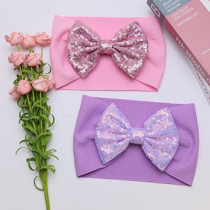 Hairband, 7" Sequin Bow Baby Headbands - Purple & Pink, Elastic Wide Hairbands for Baby Girls Newborn and Infant Hair Accessories Gift, One Size Fits All, Soft, 1 Set of 2 Pieces