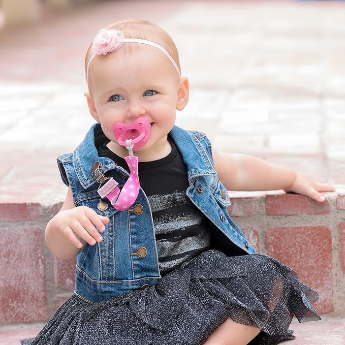 Chicco Two-in-One Pacifier Clip with Loop and Ring Attachments | Loop for Teethers and Small Toys | Ring Included for Knob-Style Pacifiers | Secure Clasp is Gentle on Clothing | Pink (Pack of 2)