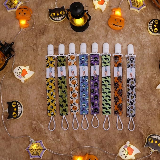 ALVABABY Pacifier Clip 8 Pack Holder Leashes for Newborn Baby Boys Girls Paci Clip Halloween Gifts 8DP04-DA