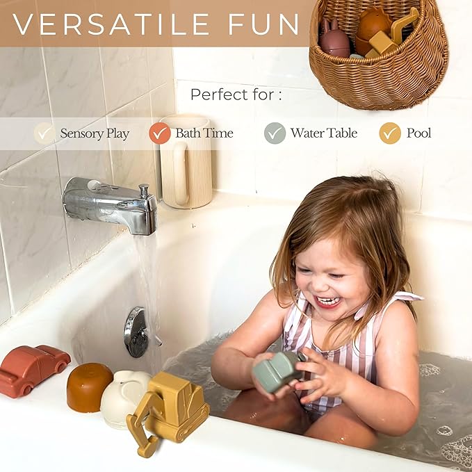 Brooklyn Neutral Vehicle Bath Set, Non Toxic Aesthetic Toys for Baby and Toddler, Includes a Car, Plane, Excavator and Train, Perfect for Bathtub, Water Tables, and Beach Play
