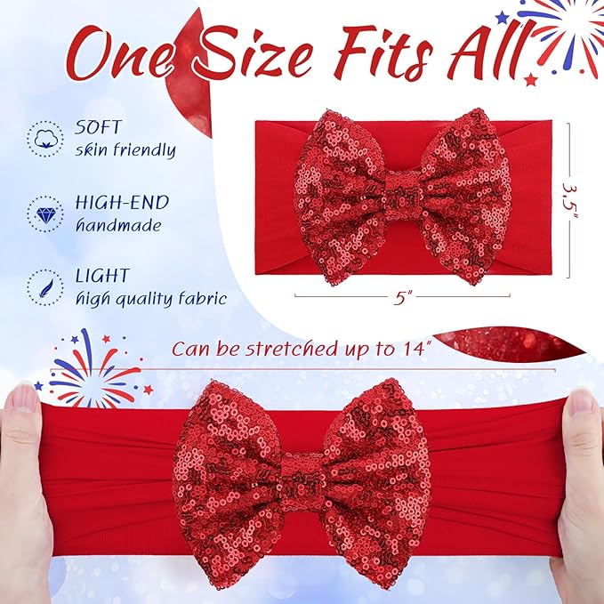 Baby Girl Hair Bows 4th of July Red Blue Headband Sequins Large Bows Patriotic Police Glitter Headband Bows Infant Hair Accessories Kids