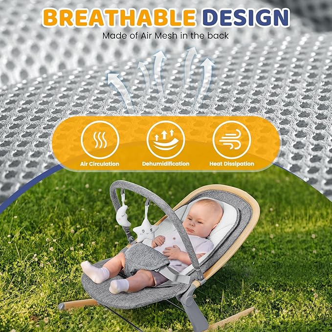 Orzbow Baby Rocker Chair & Infant to Toddler Rocker with 3 Recline Positions, Includes Removable Play Bar & Mesh Cushion, Detachable and Foldable, Fits Newborn 0-30 Months Up to 40 lbs, Wood Grain
