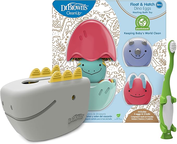 Dr. Brown's Baby and Toddler Toothbrush, Green Dinosaur 1-Pack 1-4 Years, CleanUp Float & Hatch Dino Eggs Bath Toy, 6m+, Dino-Soft Baby Bath Spout Cover, BPA Free, Certified Plastic Neutral