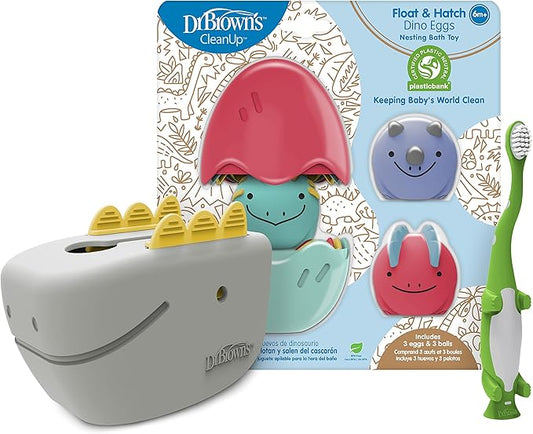 Dr. Brown's Baby and Toddler Toothbrush, Green Dinosaur 1-Pack 1-4 Years, CleanUp Float & Hatch Dino Eggs Bath Toy, 6m+, Dino-Soft Baby Bath Spout Cover, BPA Free, Certified Plastic Neutral