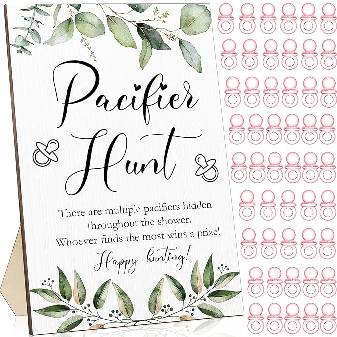 Roowest 51 Pcs Pacifier Hunt BabyShower Games Include Wooden Hunt Sign and 50 Acrylic Mini Plastic Pacifiers for BabyShower Game Decoration Gift Sets Gender Reveal Party(Green Plants,Pink)