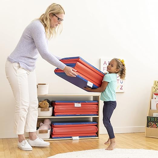 ECR4Kids Premium Folding Rest Mat, 4-Section, 2in, Sleeping Pad, Blue/Red