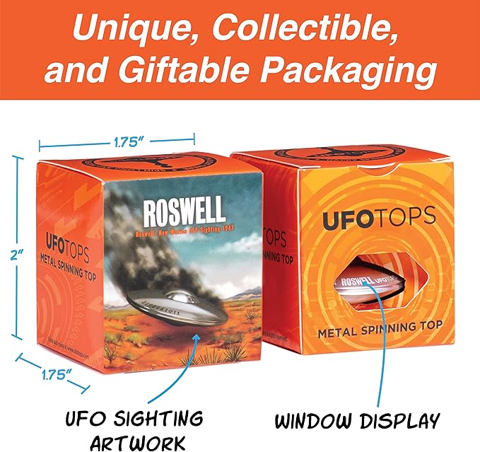 UFO Tops Roswell - Metal Spinning Fidget Toy Top - Inspired by The Documented 1947 UFO Sighting in Roswell, New Mexico (Color: Cosmic Silver)
