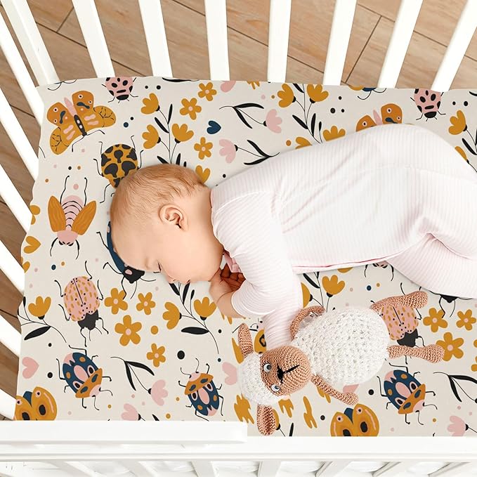 Insect Ladybug Beetles Fall Fitted Crib Sheets Stretchy Portable Playard Sheets for Baby Toddler, Breathable Soft Mini Crib Mattress 52 x 28 in for Boys and Girls