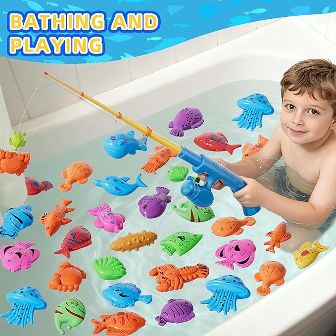 Magnetic Fishing Game Set for Toddlers 1-3 & Kids Age 3-5 Fishing Toys Includes Pole Rod Net & Floating Fish Water Table Bathtub & Pool Play Accessory with Ocean Animals for Summer Fun