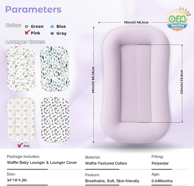 Baby Lounger for Newborn - Infant Lounger 0-24 Months with Lounger Cover, Adjustable Baby Nest Lounger, Breathable Fabric & 3D Support Newborn Lounger, Portable Newborn Essentials, Pink