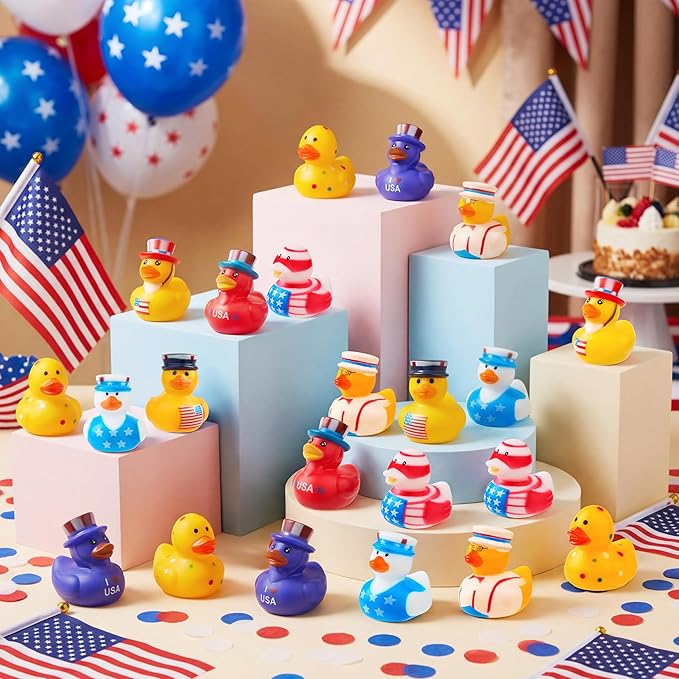 JOYIN 24 Pcs Patriotic Rubber Ducks, Red White Blue 4th of July Bulk Ducks with 8 Patriotic Designs, Independence Day Party Favor Gift Bath Toys for Kids Toddlers