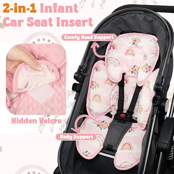 Pea Pod Infant Car Seat Insert 2-in-1 Baby Car Seat Head & Body Support for Newborn Preemie Carseat Stroller Cushion Pad Headrest with Soft Minky Dot Fabric Backing, Rainbow & Floral