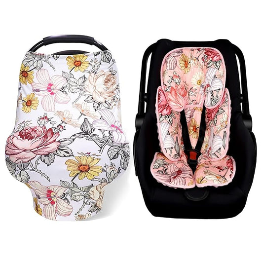 Floral Baby Car Seat Cover Girls, Infant Carseat Canopy,Pink Infant Car Seat Head Body Support Pillow