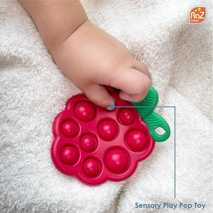 RaZbaby RaZberry Teether 2-Pack (Red/Blue) + RaZberry Pop Teether for Babies 3 Months & Up - BPA Free Silicone - Textured for Sensory Stimulation and Development