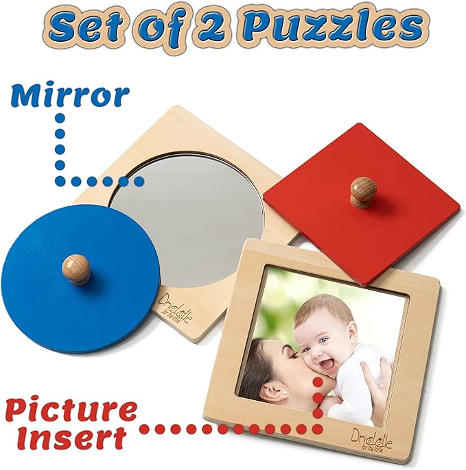 Driddle Montessori Toys - Wooden Knob Shape Puzzles - Mirror & Photo Insert - Learn Colors & Shapes Interactive Baby & Toddler Toys