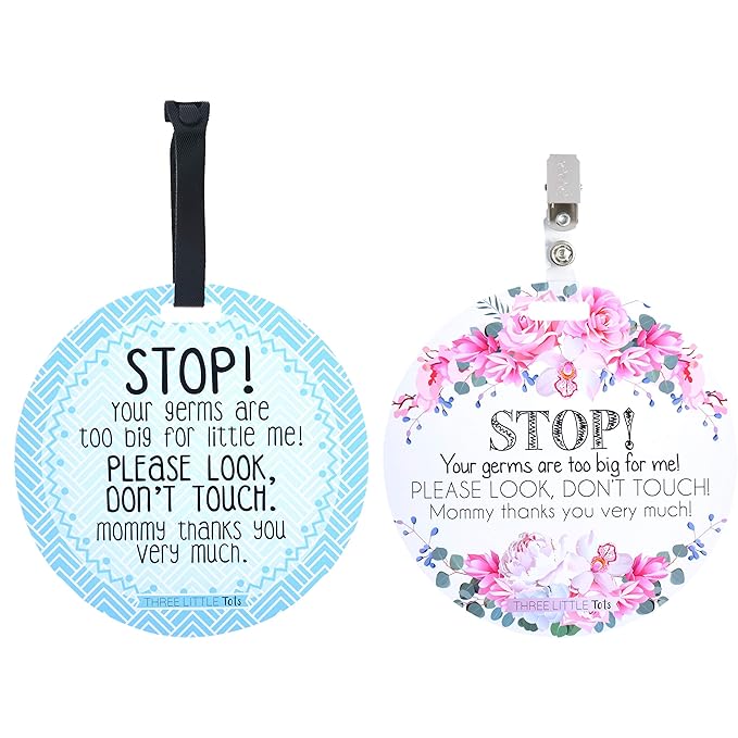 Three Little Tots Baby No Touch Sign - No Touching Baby Car Seat and Stroller Sign - Blue, Flower Style - Plastic, Small Signage (12 x 18) inch - Personal Use