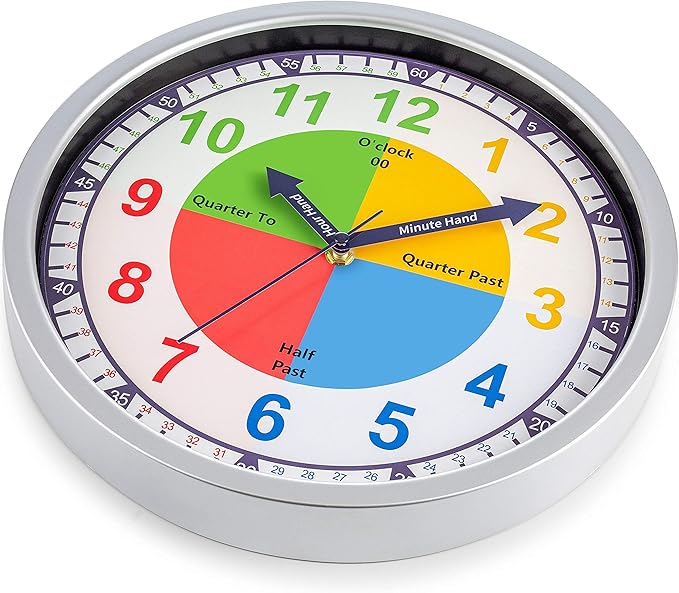 Bernhard Products Colorful Kids Wall Clock Teaching Time Telling Silent Non-Ticking Educational Learning Tool, Colored Numbers for Children Teachers Homeschool and Parents, School Classroom Playroom