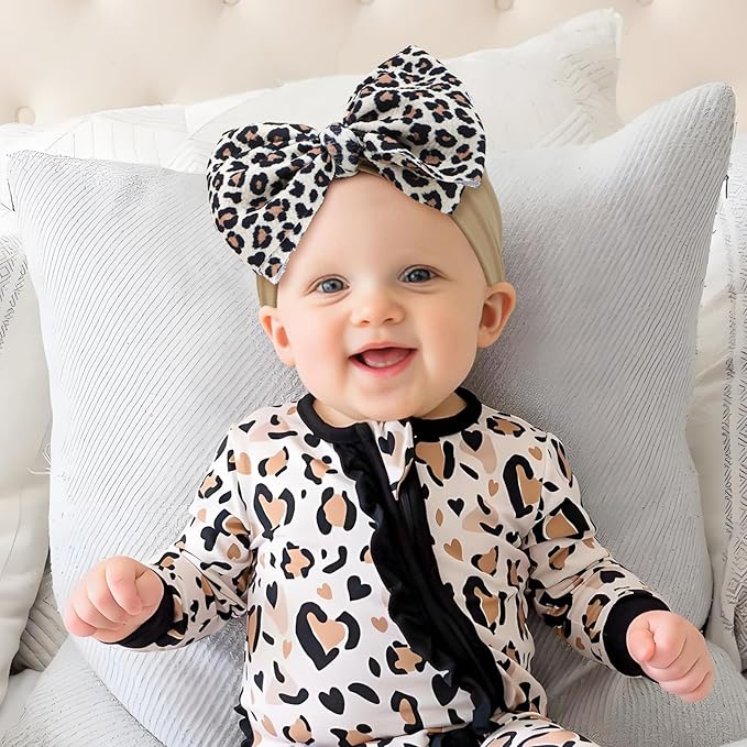 3 Pcs Baby Girl Bows Leopard Print Headbands for Girls 6’’ Brown Bow Toddler Hair Accessories Newborn Infant Baby Hair Wrap