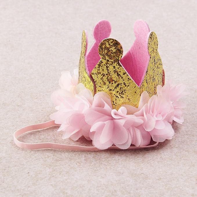 Nishine Gold Glitter Crown Headband Pink Flower Crown Tiara Hairband for Baby Birthday Party Supplies Photo Props (Chiffon&One)