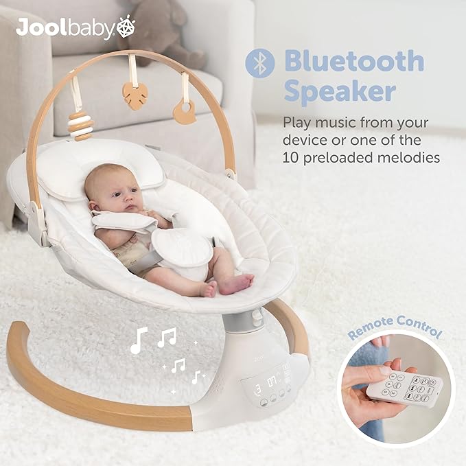 Jool Baby Nova Nature Baby Swing for Newborns with Natural Wood Toys, Electric Motorized Infant Swing, Bluetooth Music, Remote (Oatmeal)