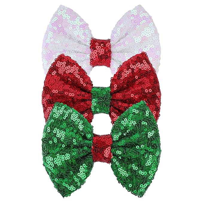 Christmas Hair Accessories - Sequins Bows Alligator Clips with Clips for Girls, Women, Toddlers in Red, White, Green