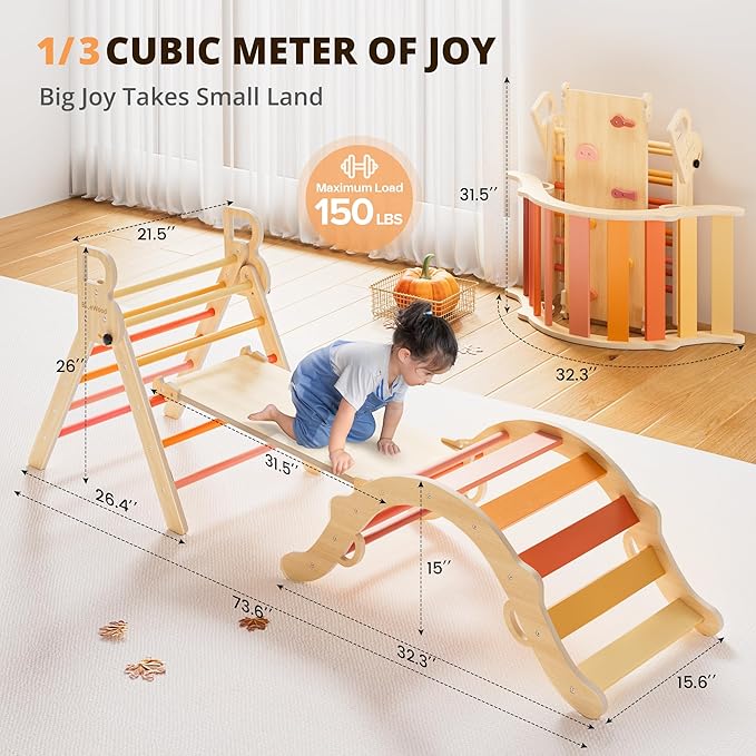 BlueWood Pikler Triangle Set, Toddler Wooden Climbing Toys Indoor 7in1 Foldable Climber for Kids, Montessori Philosophy Play Jungle Gym with Arch, Ramp, Ladder (Farm Charm Autumn)
