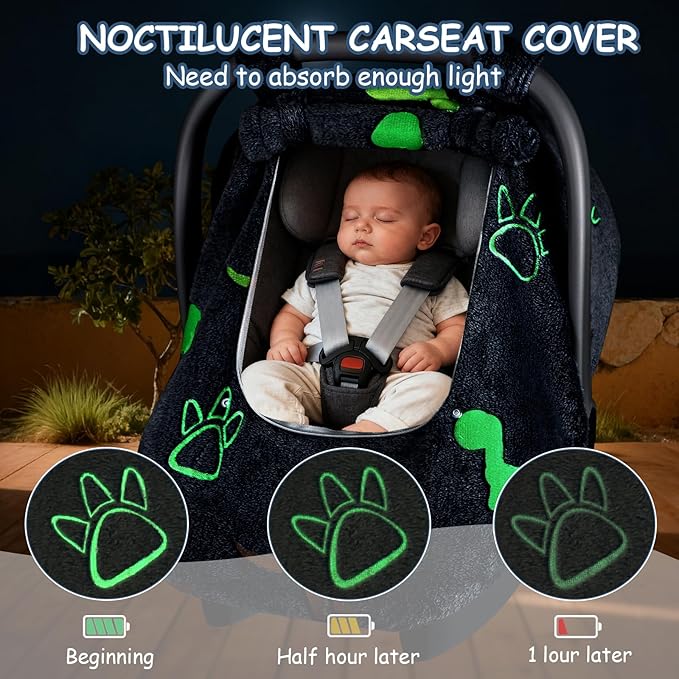Car Seat Cover Baby Boys Girls, Soft Flannel Infant Carseat Cover with 2 Zipper Windows, Dinosaur Carrier Cover Canopy Glow in The Dark, Comfortable & Machine Washable, Blue