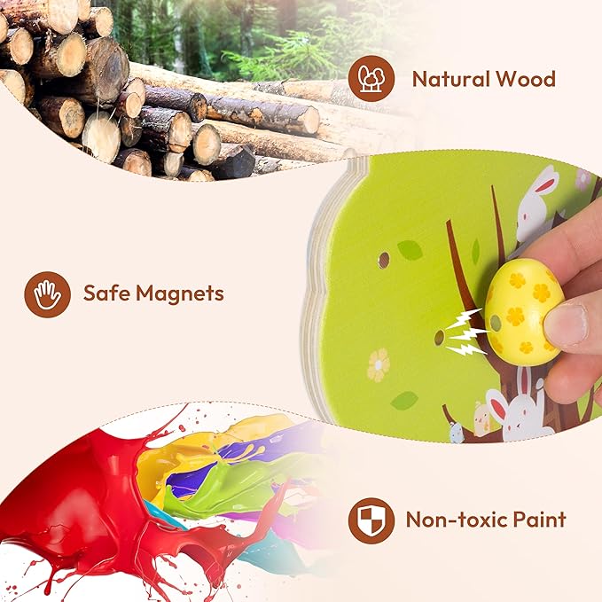 Woodtoe Easter Toys for Toddlers, Magnetic Easter Eggs, Picking Easter Bunny Toy, Montessori Toys for 3 4 5 6 Year Old, Wooden Sensory Color Sorting Toys, Spring Easter Basket Stuffers Gifts for Kids