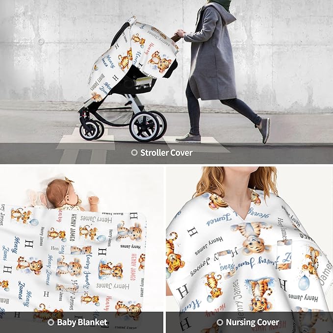 Personalized Winter Baby Car Seat Cover with Name Tigger Winter Car Seat Cover for Baby Seat or Stroller Custom Infant Car Seat Covers Minky Blankets Nursing Cover Breastfeeding Scarf