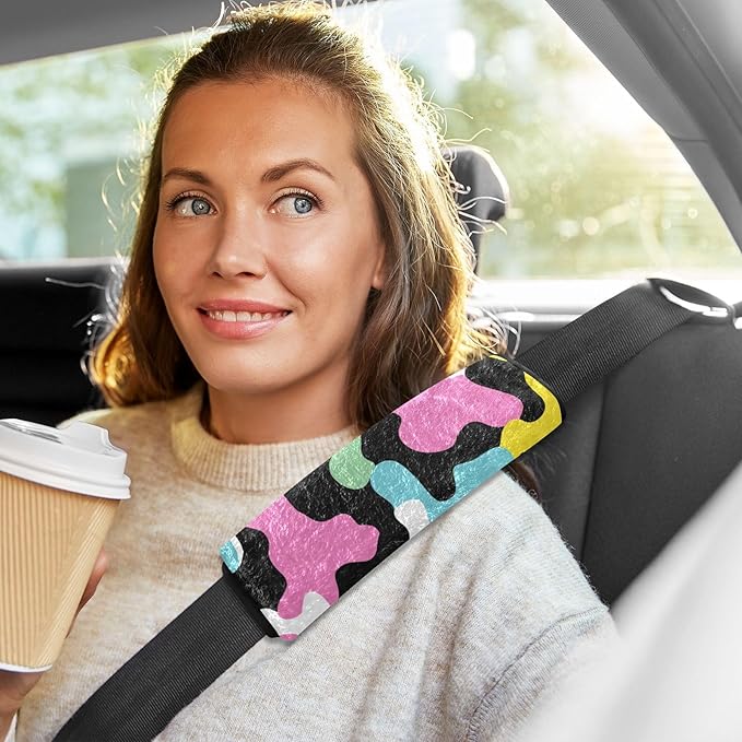 2 Pack Seatbelt Covers Seat Belt Cover Pad for Adults Boys Girls Car Seat Strap Covers Pads Cushion Universal Shoulder Strap Pad Protector for Backpack Camera Bag 6.5 Inch Colorful Cow Print Black