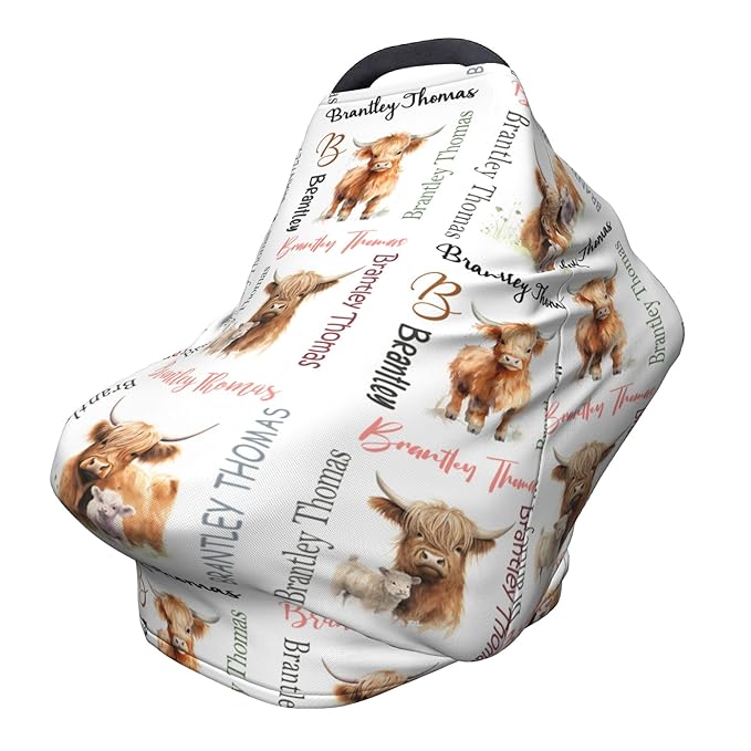 Personalized Car Seat Covers with Name, Highland Cow Baby Canopy Carrier Cover, Breathable Breastfeeding Nursing Cover, Stretchy Multi-Use Infant Carseat Stroller Cover
