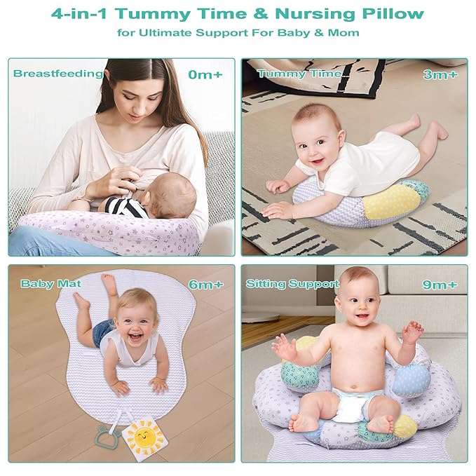 MIIMER 4-in-1 Tummy Time Baby Mat & Seated Support Cushion, Detachable Nursing Pillow with High, Firm, Large Area, Removable and Machine Washable Slipcovers, Baby Play Mat and Toys 0-24 Months