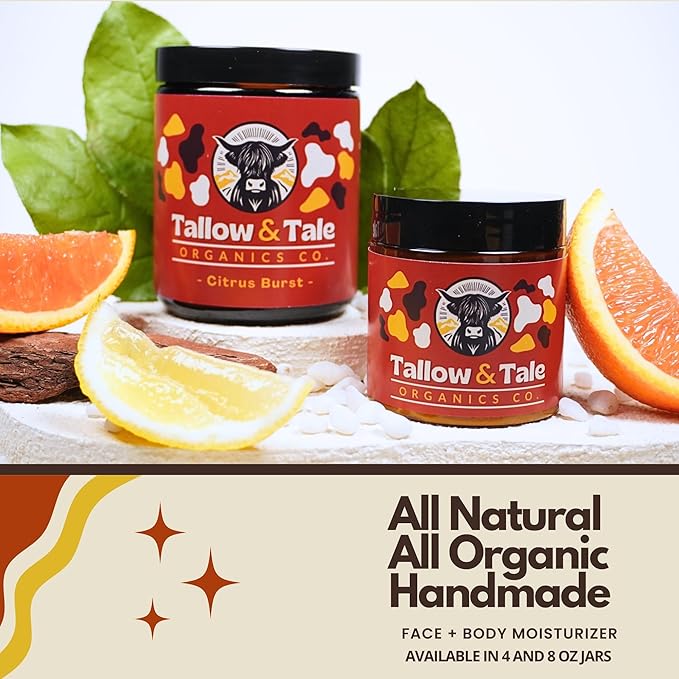 Tallow And Tale Grass-Fed & Finished Organic Tallow Cream | Face & Body Moisturizer | For Sensitive, Dry & Irritated Skin (8 OZ, Citrus Burst - Orange, Lemongrass, Rosemary & Frankincense)