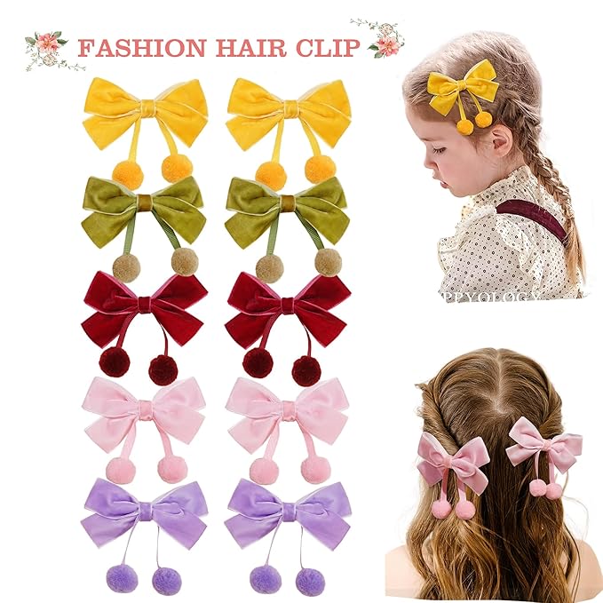 Velvet Bows Clips for Baby Girls, 20pcs 3.7inches Boutique Baby Hair Clips, Tassel Ball Hair Barrettes Alligators for Infants Toddlers Fine Hair