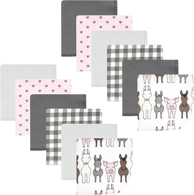 Hudson Baby Unisex Baby Flannel Washcloths, Farm Friends Pink 12Pk, One Size