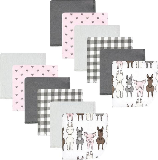 Hudson Baby Unisex Baby Flannel Washcloths, Farm Friends Pink 12Pk, One Size