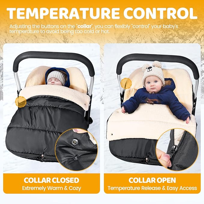 Orzbow Winter Baby Car Seat Cover, Universal Car Seat Bunting Bag for Babies with Adjustable Zipper, Removable Car Seat & Stroller Footmuff to be Blanket, Carseat Cover with Warm Berber Fleece, Black