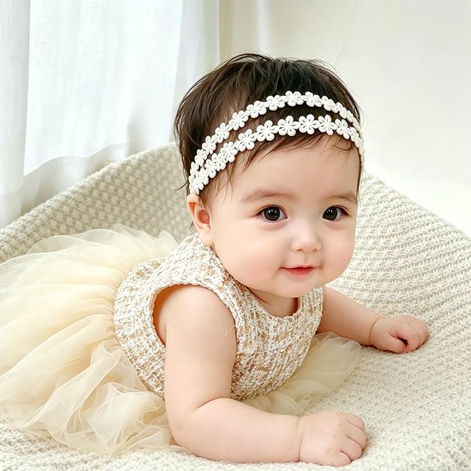 Baby Girls Hairband White Bow Lace Headbands Handmade Soft Stretchy Wide Head Band Newborn Hairbands with Bows Pearls Elastic Headband for Infant Hair Accessories（Flower Pearl）
