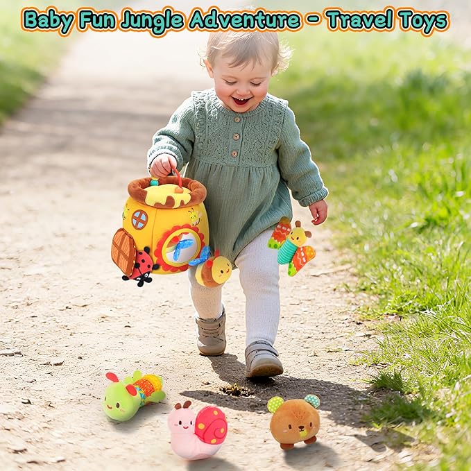 Baby Toys 6-12 Months - Soft Honey Jar with 6 Sensory Insect Stuffed Animals Montessori Plush Toys W/Rattle, Crinkle Paper, Mirror for Toddlers 1 2 3 Year Motor Skills Developmental