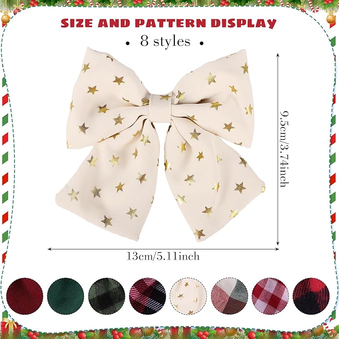 Obeoby Hair Bows with Hair Clips for Girls Toddlers, 8 Pcs Handmade 5" Floral Hair Accessories Red Bow for Kids 2-12 years Stocking Stuffers Christmas Gifts for Baby Teens Birthday School Party