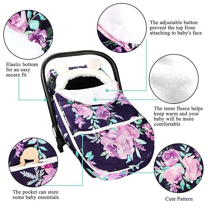 Winter Carseat Cover Girls, Purple Cozy & Warm Cover, Infant Car Seat Canopy, Ultra-Soft Breathable Protect Baby from Cold Wind, Zipped Removable Design