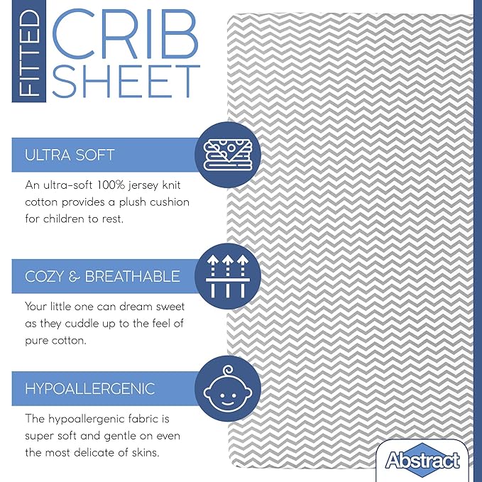Pack n Play Fitted Sheet – Super Soft, 100% Natural Jersey Cotton – 27” x 39” – for Boys and Girls, Fits Pack n Play, Playard and Foldable Mattresses - Covered Elastic Hem – Zigzag Gray