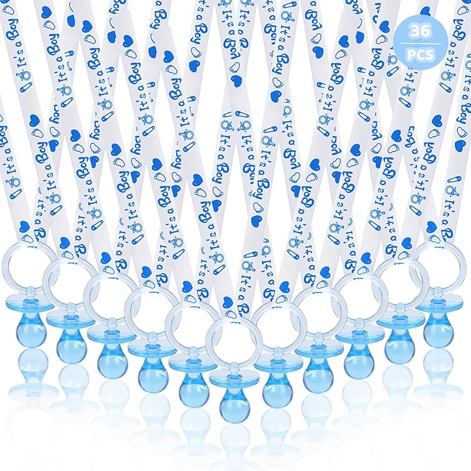 XINHUIDALSQ 36 Baby Shower Pacifiers Necklace, Cute Acrylic Pacifier Necklaces for Baby Shower Games Boy Charm, Party Favors, Decorations DIY, Gender Reveal Table Scatter(Blue)