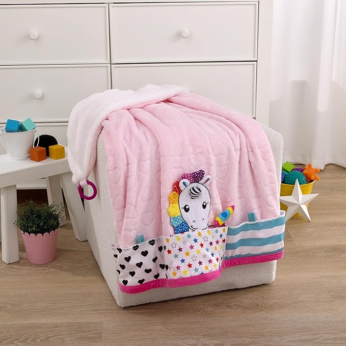 NoJo Sassy Baby Ulbright Unicorn Pink, Multi-Colored Super Soft Sherpa Baby Blanket with Teether Corners