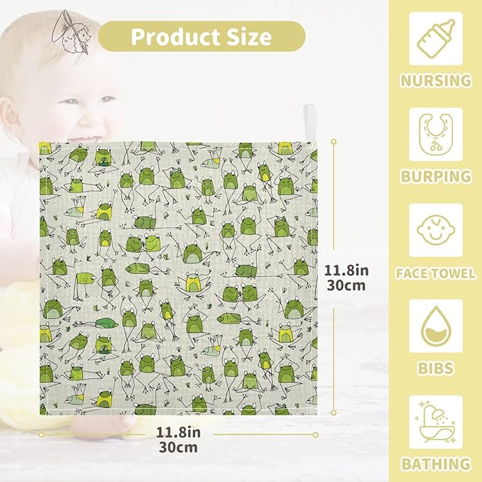 vvfelixl Baby Cotton Washcloths Funny Frogs Infants Bath Towel for Unisex Face Towels for Newborn, Natural Baby Wipes Delicate Skin, 11.8 X 11.8 inch, one sizex5