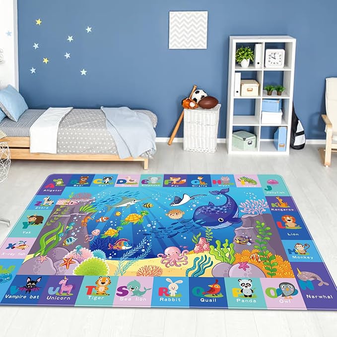Baby Mat for Floor-Underwater World Play Rug, ABC Kids Rugs for Playroom, Ocean Playmat Crawling Tummy Time Mat, Non-Toxic Non-Slip Foldable Mats (59X39.4 INCH)