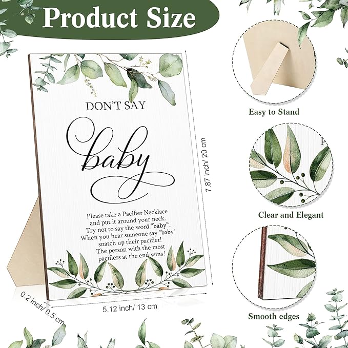 Geetery 51 Pcs Don't Say Baby Game Sign Greenery Cool Baby Shower Game 50 Pacifier Necklace Wooden Don't Say Sign Plastic Pacifier Party Favor for Gender Reveal(Greenery,Pink)