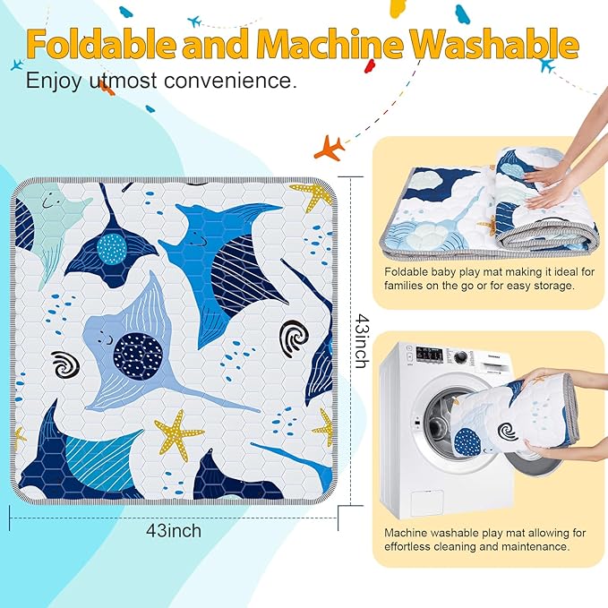 Baby Play Mat 43x43inch - Thick & Soft Ocean Theme Playmat with Ray & Starfish - Padded Crawling Mat for Babies & Toddlers, Non-Slip & Machine Washable Floor for Playpen
