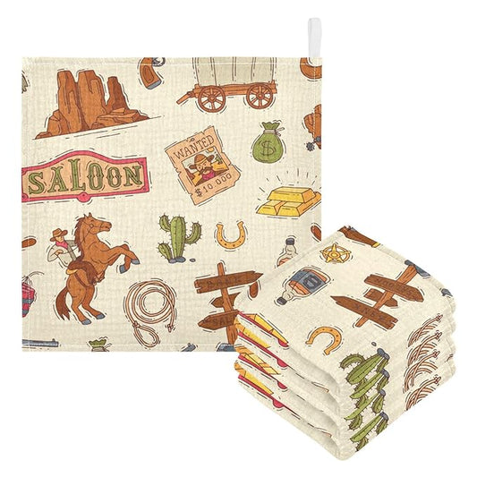 Cowboy Sheriff Burp Cloths for Boys & Girls, 5 Pack Wild West Western Muslin Washcloths Newborn Face Bath Towel Soft Absorbent Cotton Wash Cloth Baby Registry, 12 x 12 Inch